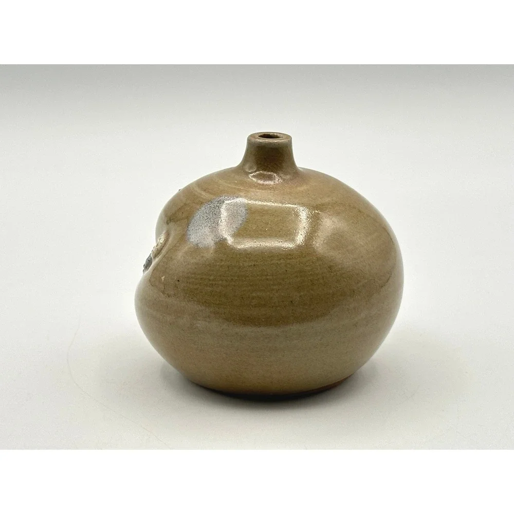 Vintage Studio Pottery Bud Vase Signed Tan Ceramic Floral Round Small 3.5in